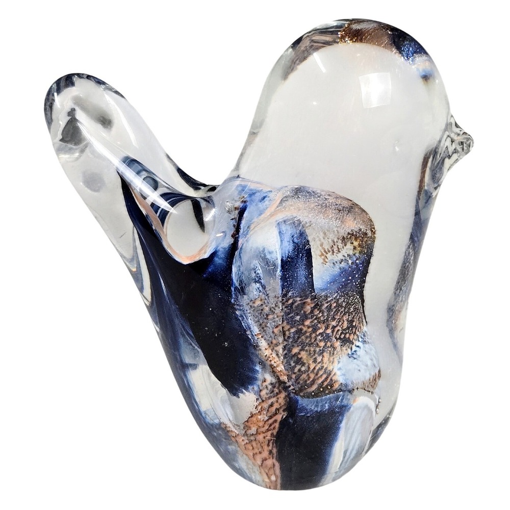 Blue Copper Aventurine Hand Blown Art Glass Bird Figurine Paperweight 3.5"